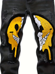 Smiling Face Pattern Ripped Jeans Men's Street Style Denim Pants