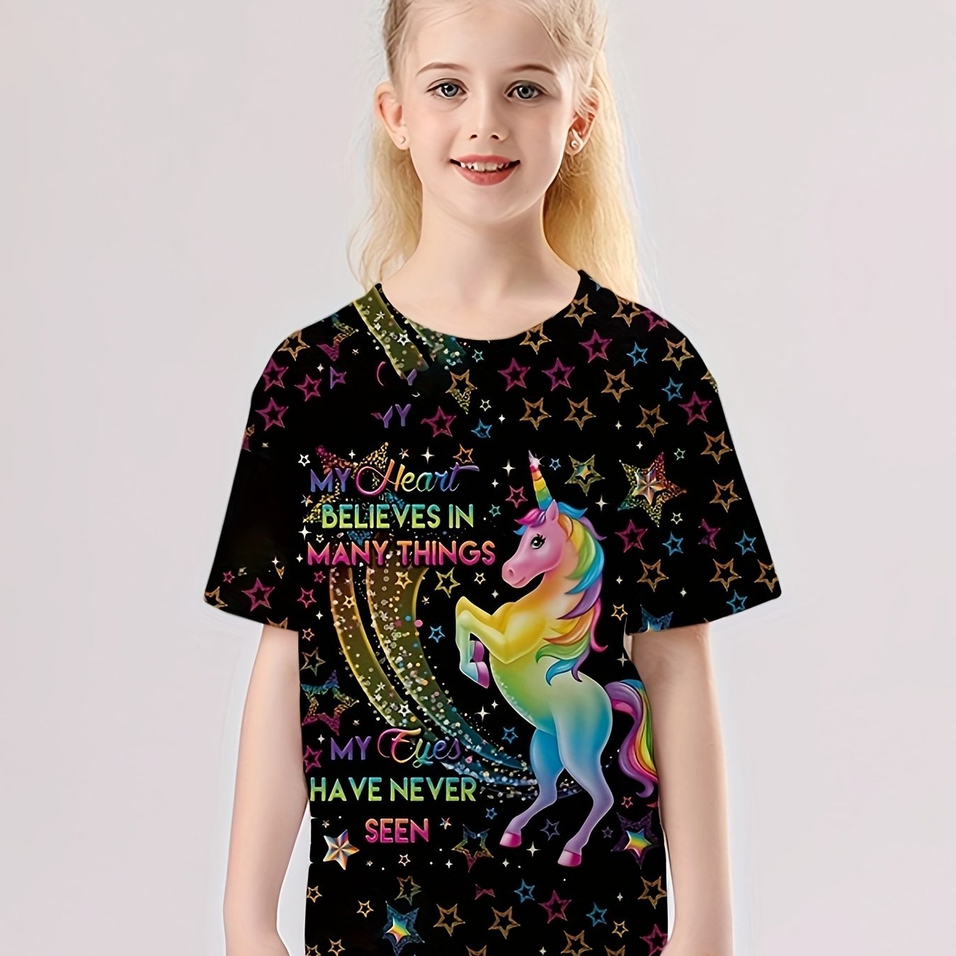 3D Dreamy Unicorn Graphic T shirt Girls Short Sleeve Tees
