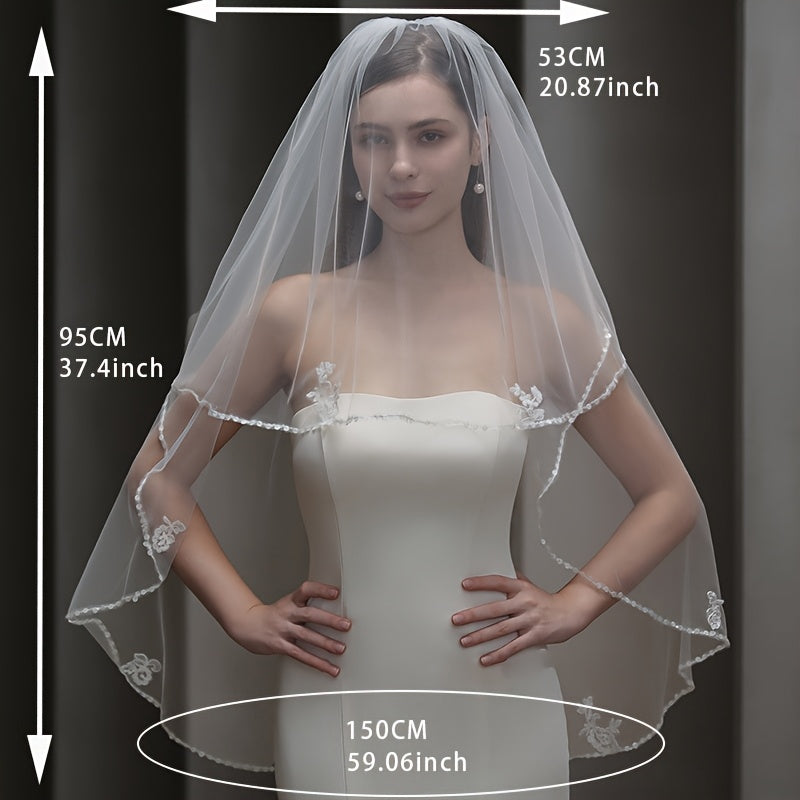 Beaded Floral Veil Soft Nylon Bridal Gown Accessory with Lace Detailing