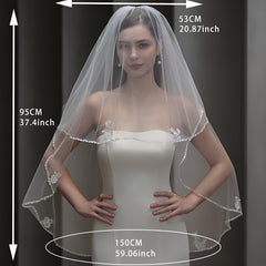 Beaded Floral Veil Soft Nylon Bridal Gown Accessory with Lace Detailing