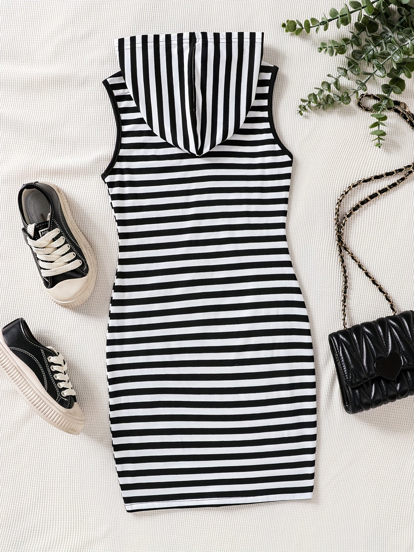 Girls Striped Bodycon Casual Hooded Tank Dress