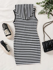 Girls Striped Bodycon Casual Hooded Tank Dress