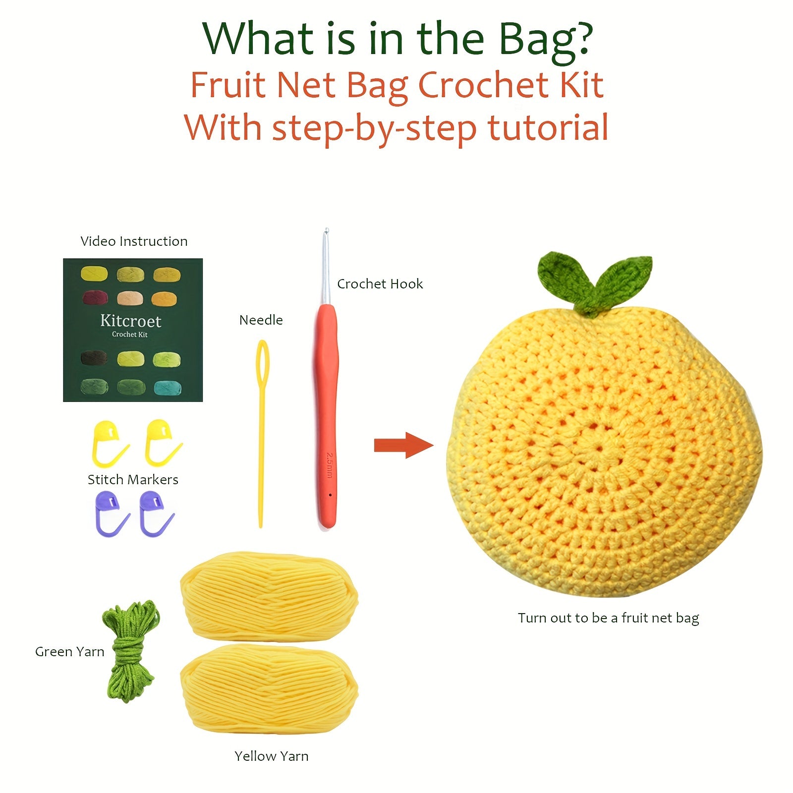 Crochet Grocery Bag Kit - Fruit & Veg Mesh Tote - DIY Instructions & Tools