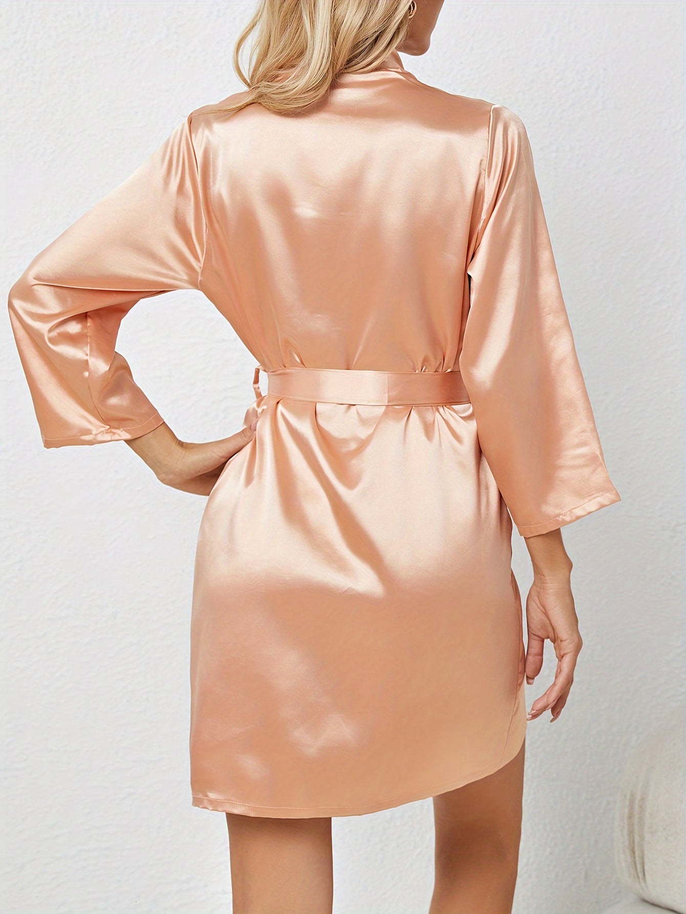 Satin Long Sleeve Night Robe V-Neck Belted Sleepwear