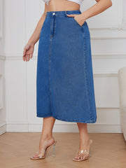 Women's Plus High Rise Maxi Denim Skirt, Button Fly, Casual Solid