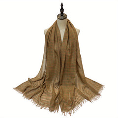 Plaid Pattern Scarf Vintage Frayed Edge Shawl Windproof Head Wrap