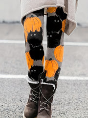 Women's Plus Size Cat & Pumpkin Print High Rise Leggings