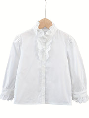 Girls Varsity Shirt Lace Ruffle Collar Long Sleeve Blouse