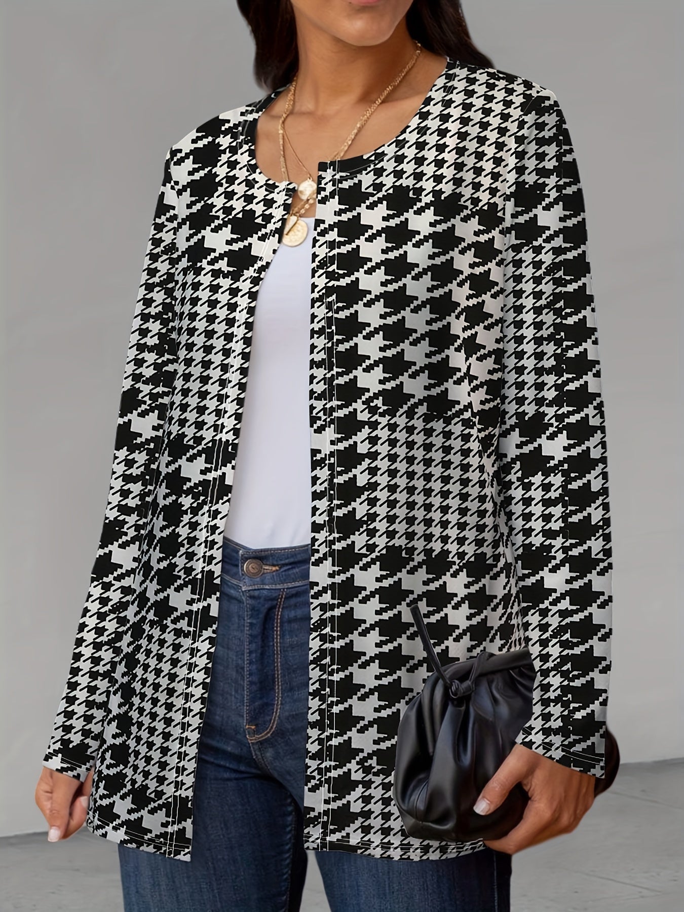 Houndstooth Print Open Front Jacket Long Sleeve Outerwear