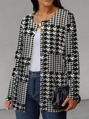 Houndstooth Print Open Front Jacket Long Sleeve Outerwear
