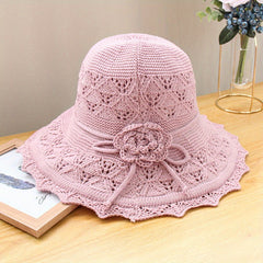 Ruffles Knitted Bucket Hat Flower Decor Foldable Travel Beach Hat