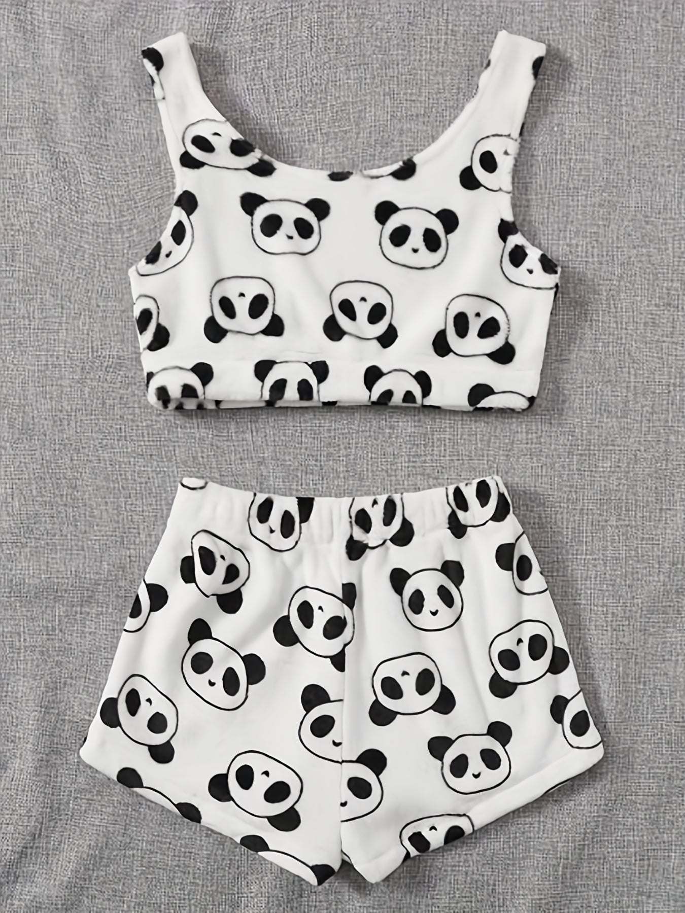 Flannel Panda Print Crop Tank Top & Shorts Pajama Set