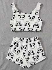 Flannel Panda Print Crop Tank Top & Shorts Pajama Set