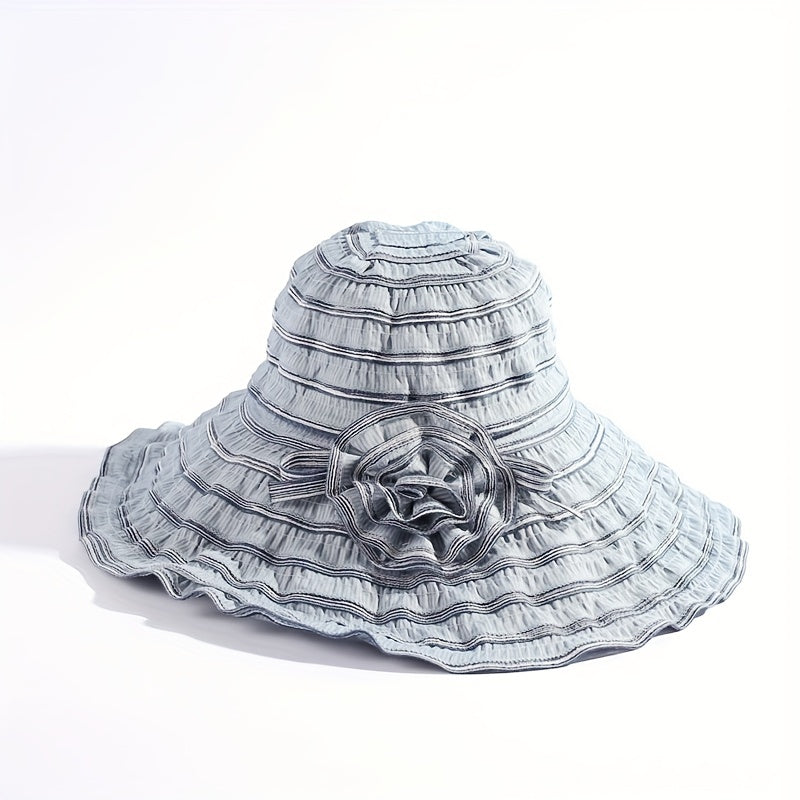 Pleated Sun Hat Flower Striped Bucket Hat Wide Brim