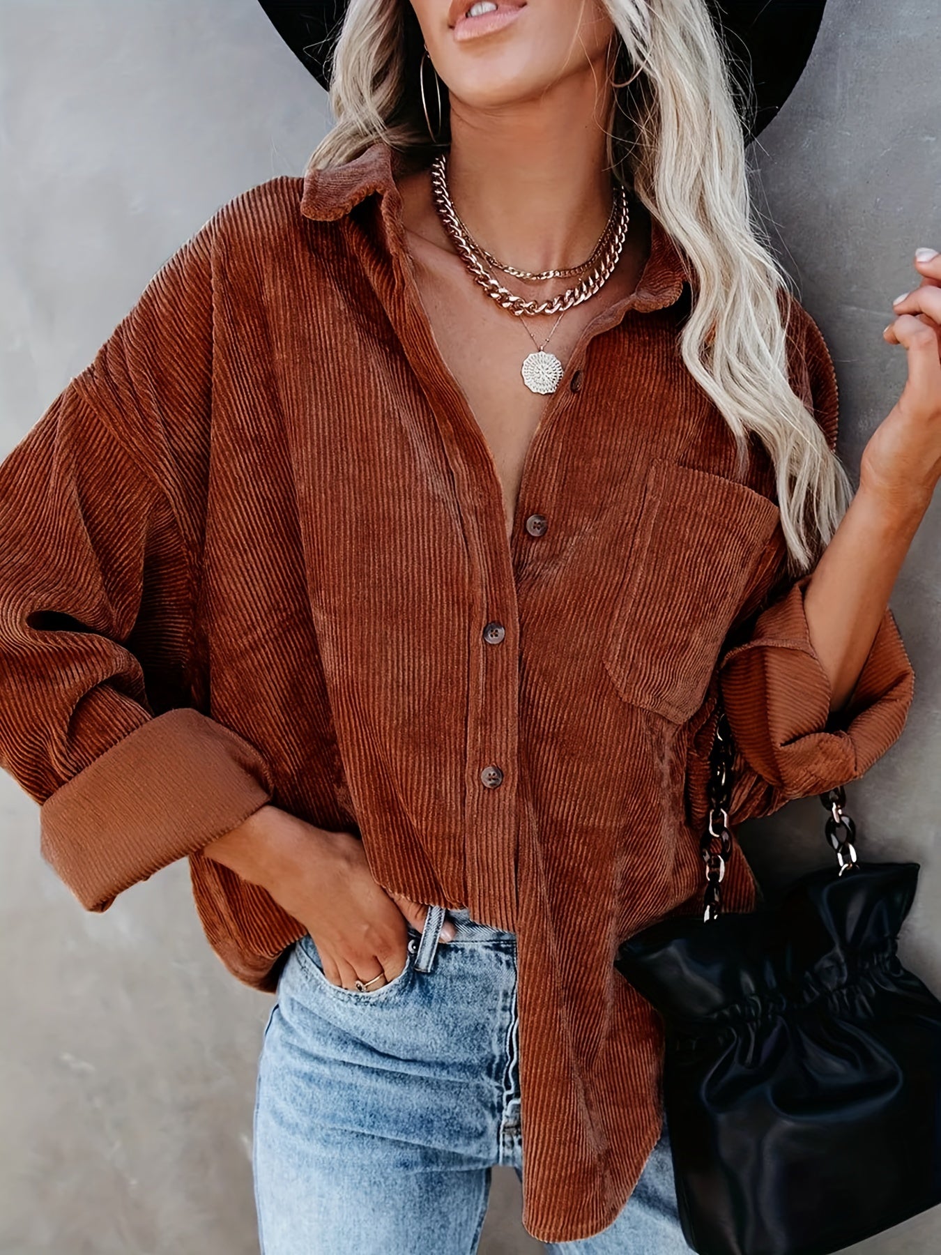 Solid Lapel Long Sleeve Jacket for Women