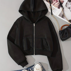 Zip Up Crop Hoodies Long Sleeve Sports Casual Sweatshirt
