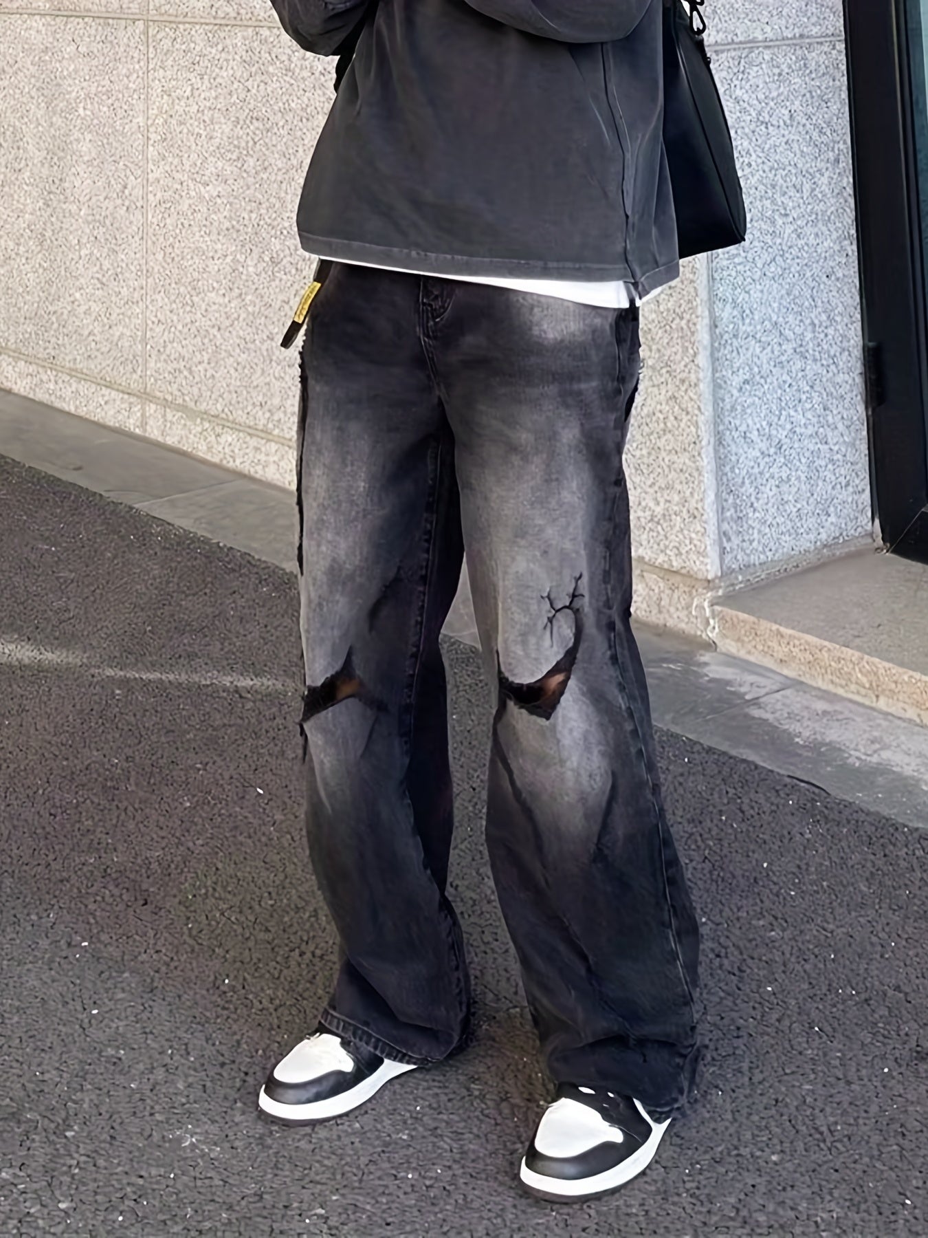 Mens Street Ripped Pants Jeans Handsome Loose Straight Pants