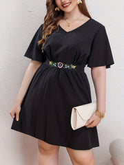 Floral Embroidered Ruffle Sleeve V Neck Dress