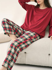 Plaid Print Pajama Set Long Sleeve Top & Plaid Pants