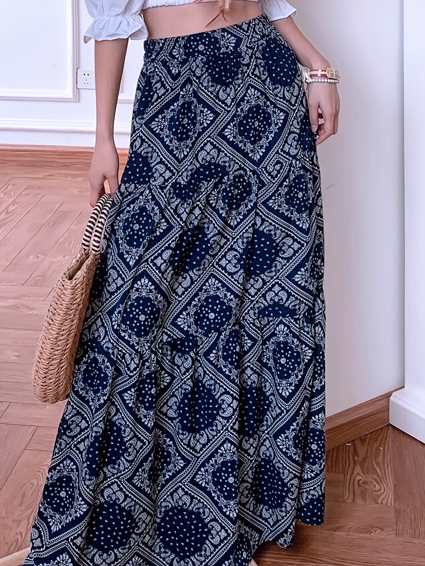 Boho Paisley Scarf Print Maxi Skirt High Waist Women's Clothing
