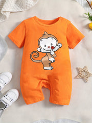 Monkey Cartoon Print Cotton Baby Jumpsuit Short Sleeved Newborn Onesie