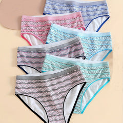 6 Pack Plus Size High Cut Striped Print Lace Briefs Set