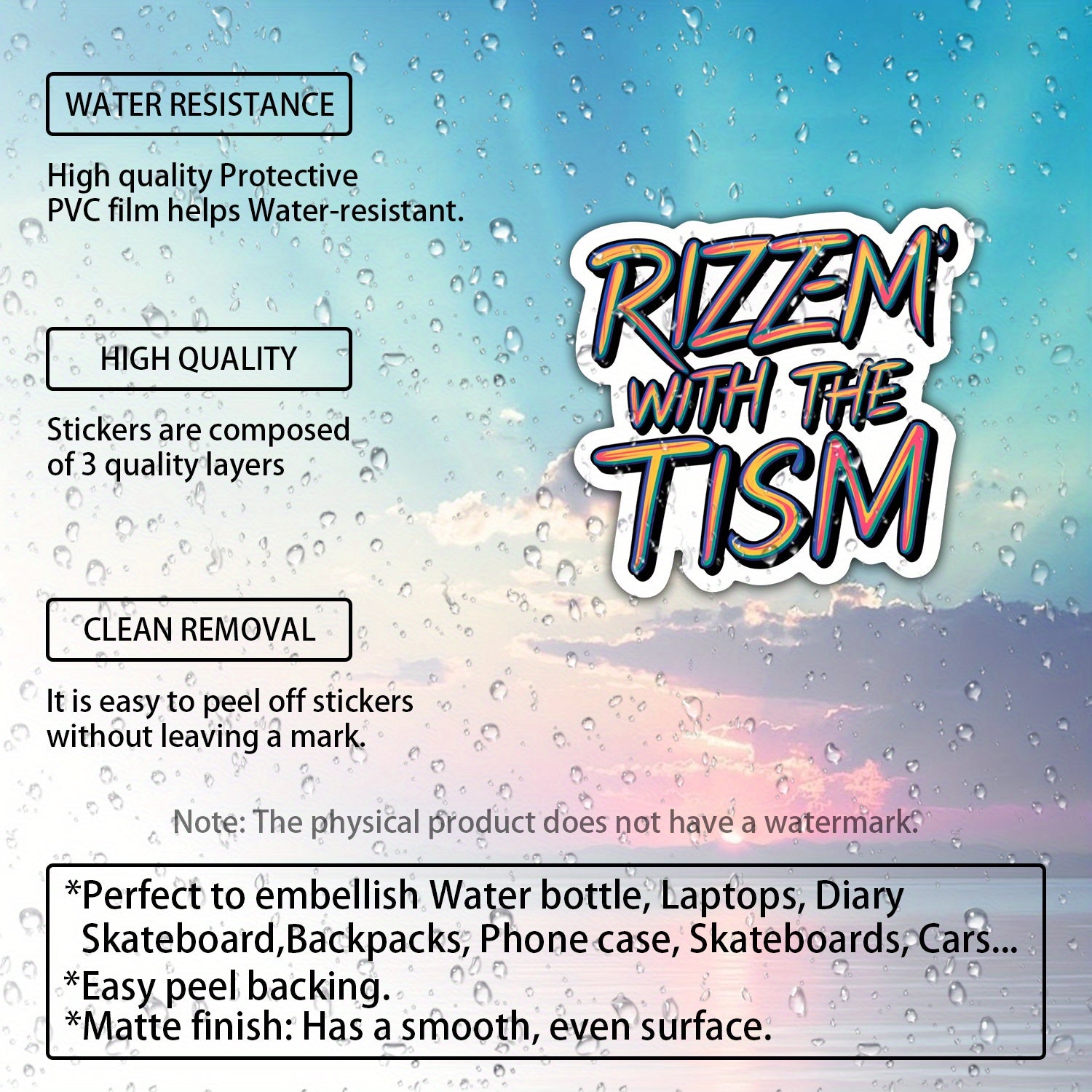 Rizz M' with the Tism Sticker Vibrant Rainbow Text Funny Autism Car Sticker