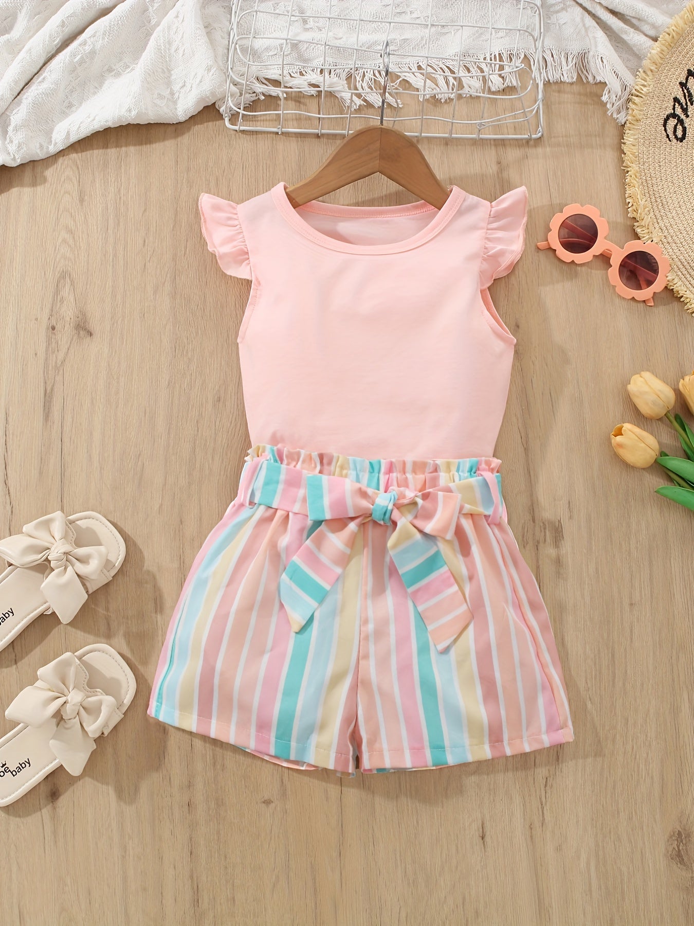Girls Ruffled Sleeves Tee & Stripe Shorts Set