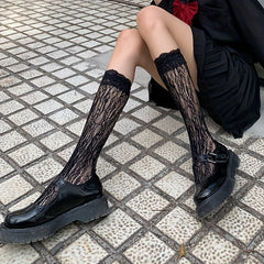 Lace Mesh Calf Socks Ruffle Knee High Stockings