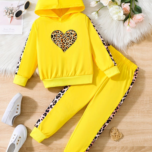2pcs Girls Leopard print Hoodie And Pants Set