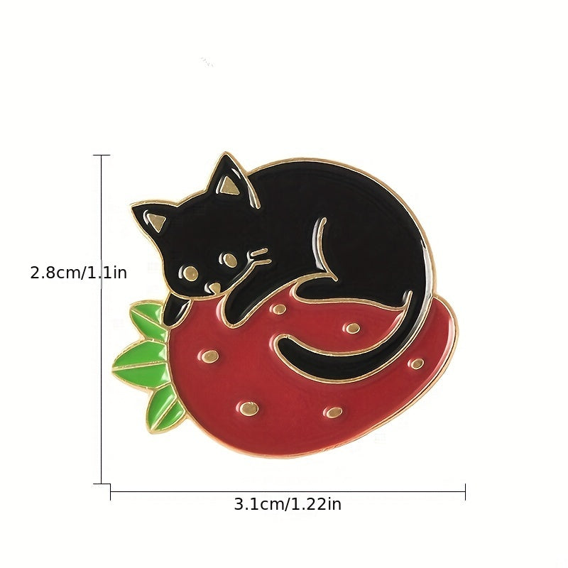 Cat & Strawberry Brooch Set Cute Animal Fruit Pins for Clothing Bags