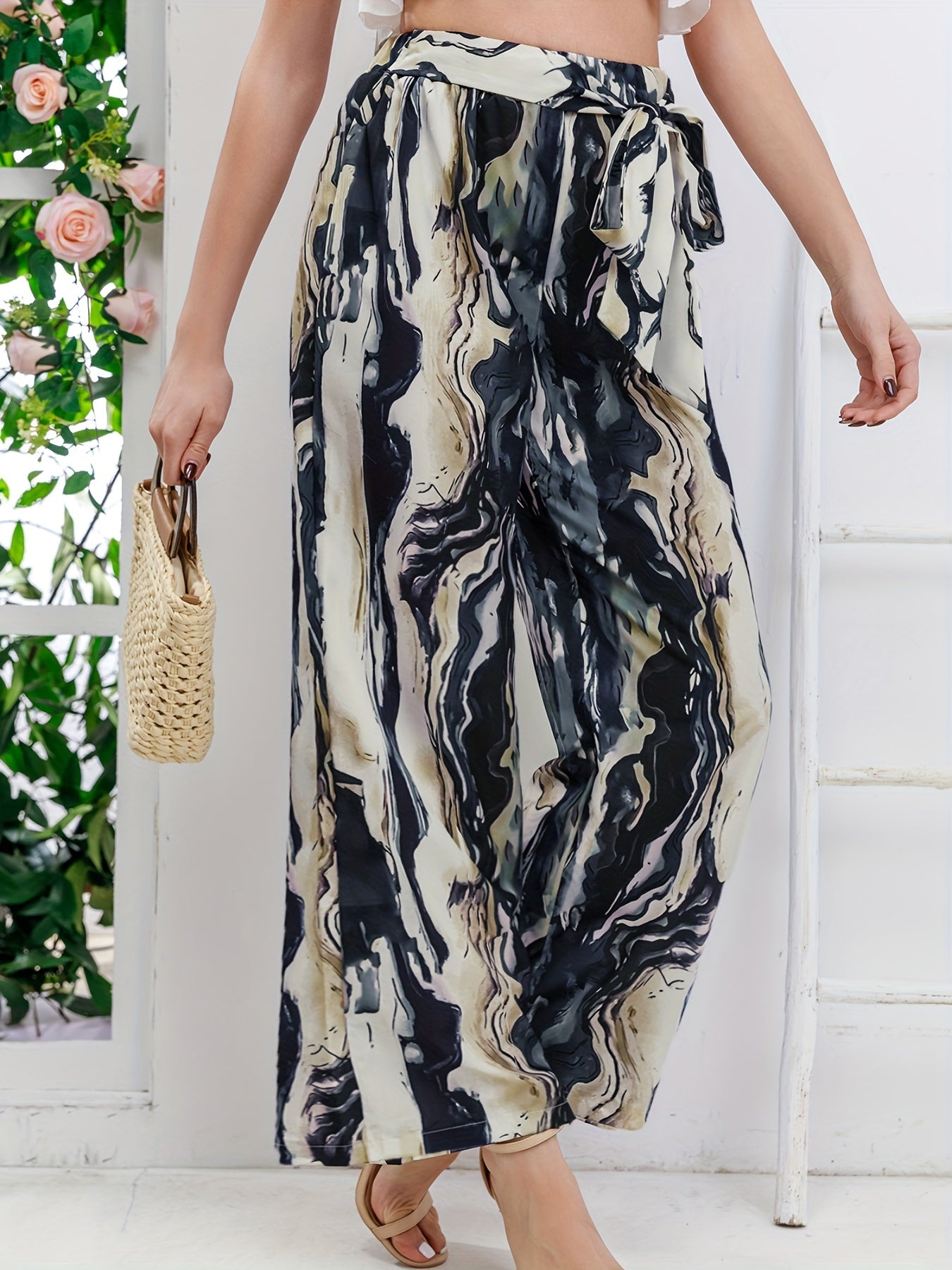 Abstract Print Wide Leg Pants Waist Tie Casual Pants Women's Clothing
