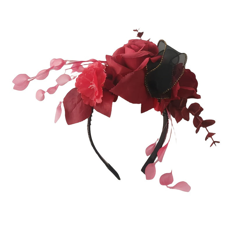 Vintage Floral Bridal Headpiece Red Roses & Pink Flowers Wedding Hair Accessory