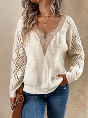 Casual Knit Top Women's Plus Solid Pointelle Applique V Neck