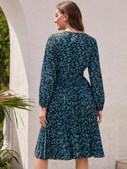 Floral Print Dress Pleated Lantern Long Sleeve Dress