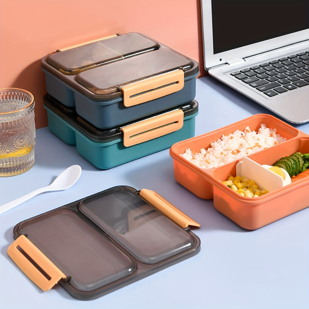 Practical Portable Red Lunch Box With Spoon For Teenagers And Workers