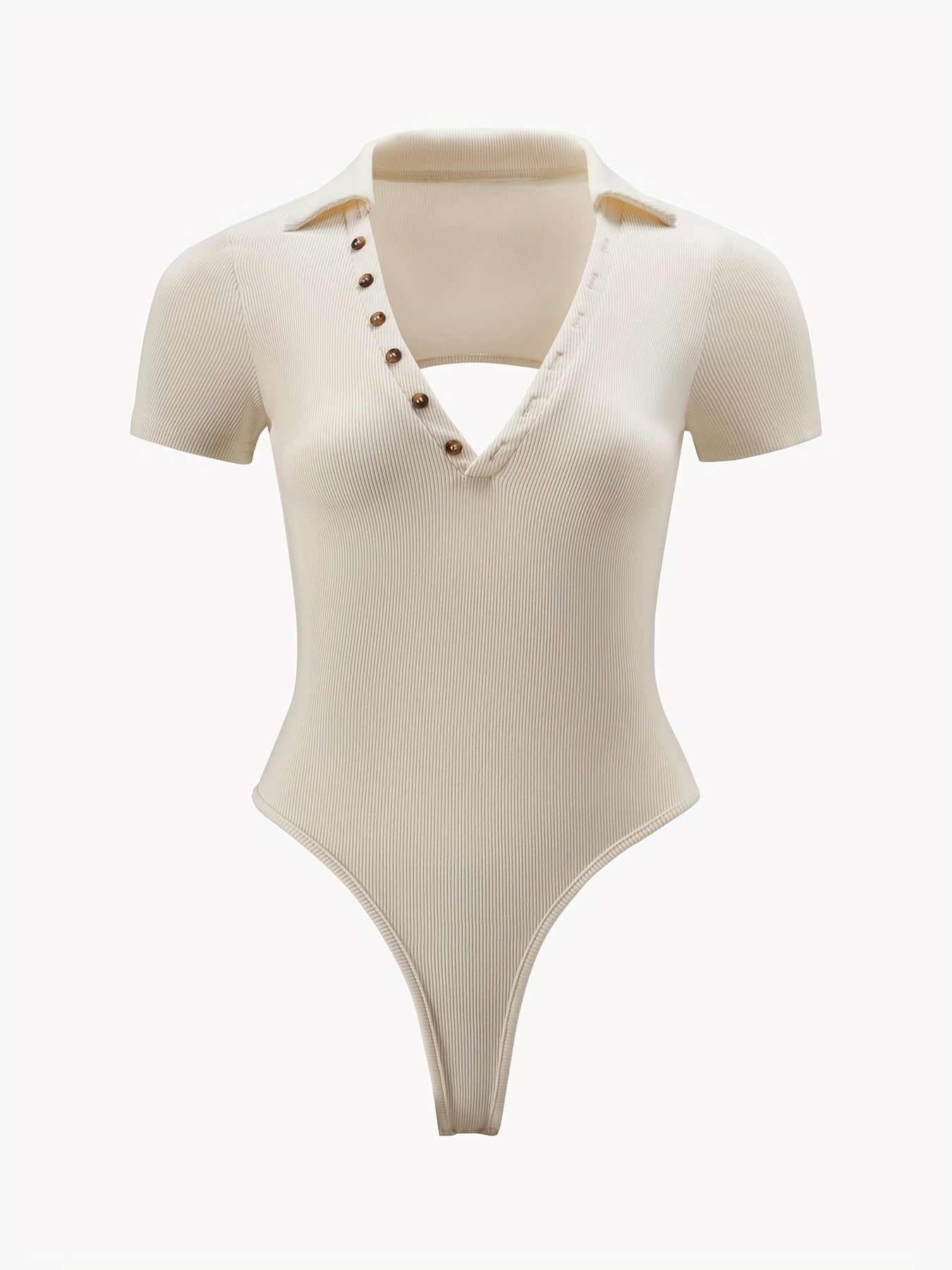 Solid Button V Neck Tie Bodysuit Sexy Short Sleeve Backless Bodysuit
