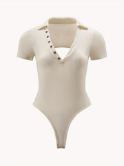 Solid Button V Neck Tie Bodysuit Sexy Short Sleeve Backless Bodysuit