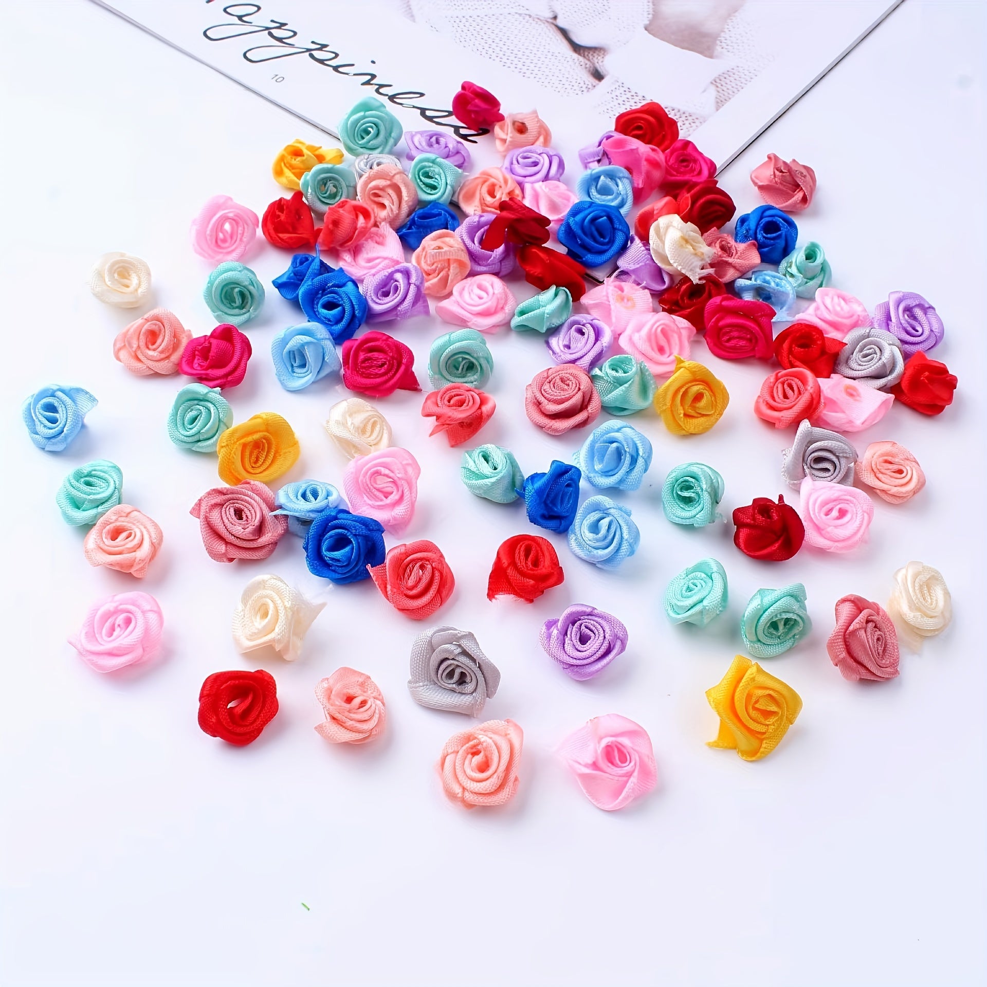 50pcs Mini 15mm Ribbon Rose Flowers DIY Embellishments Artificial Fabric Flower