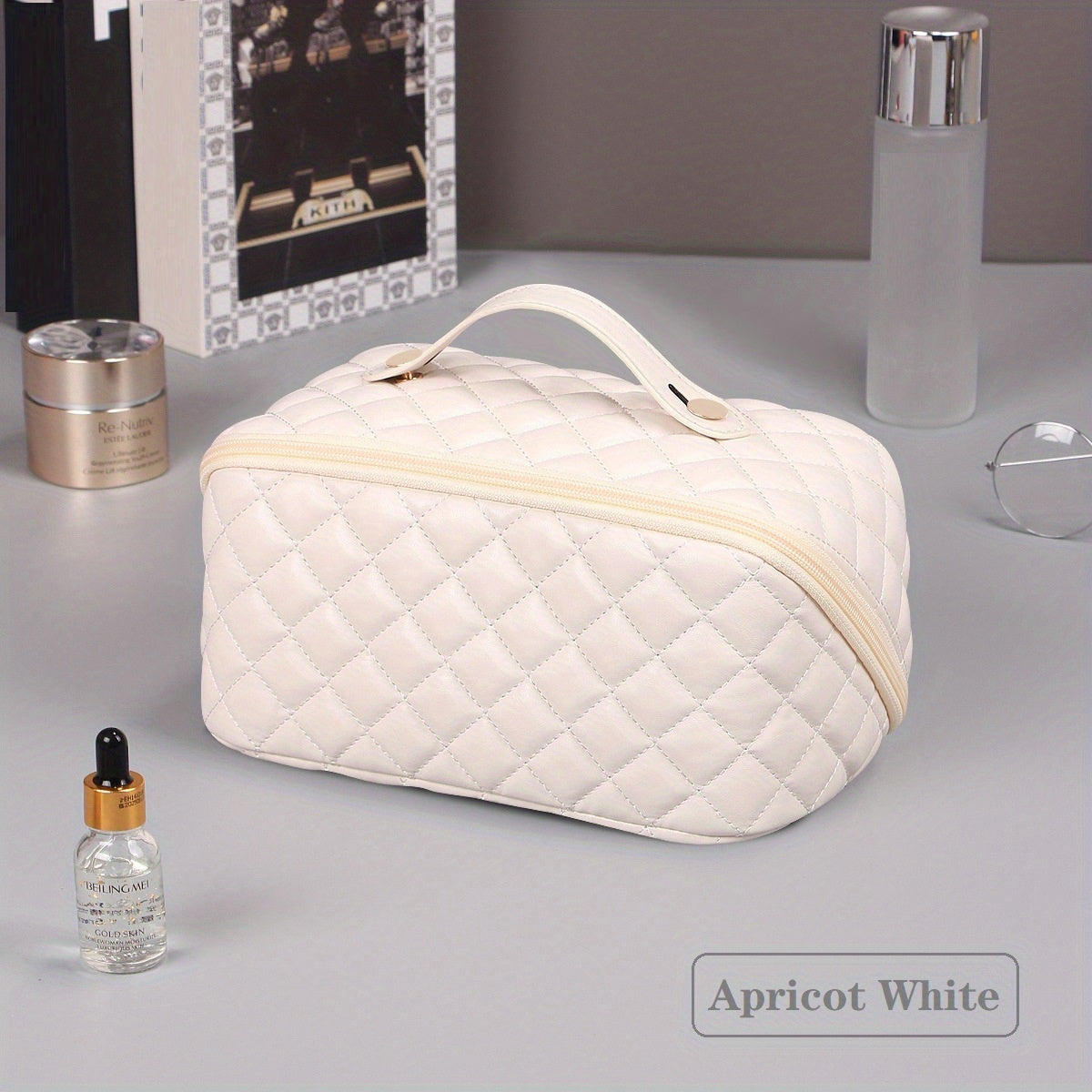 Large Capacity Waterproof PU Leather Cosmetic Bag with Divider and Handle