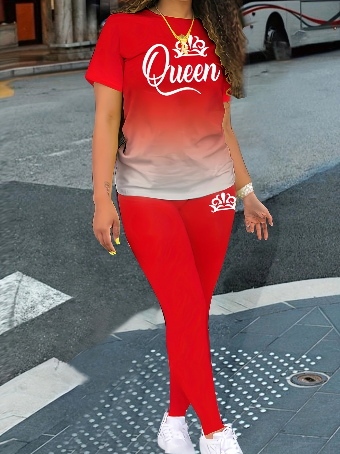 Ombre & Letter Print Tee & Leggings Set