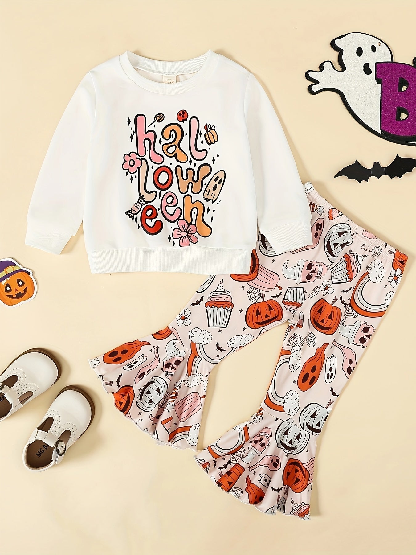 Girls Halloween Pumpkin Sweatshirt & Flared Pants Set