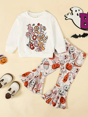 Girls Halloween Pumpkin Sweatshirt & Flared Pants Set