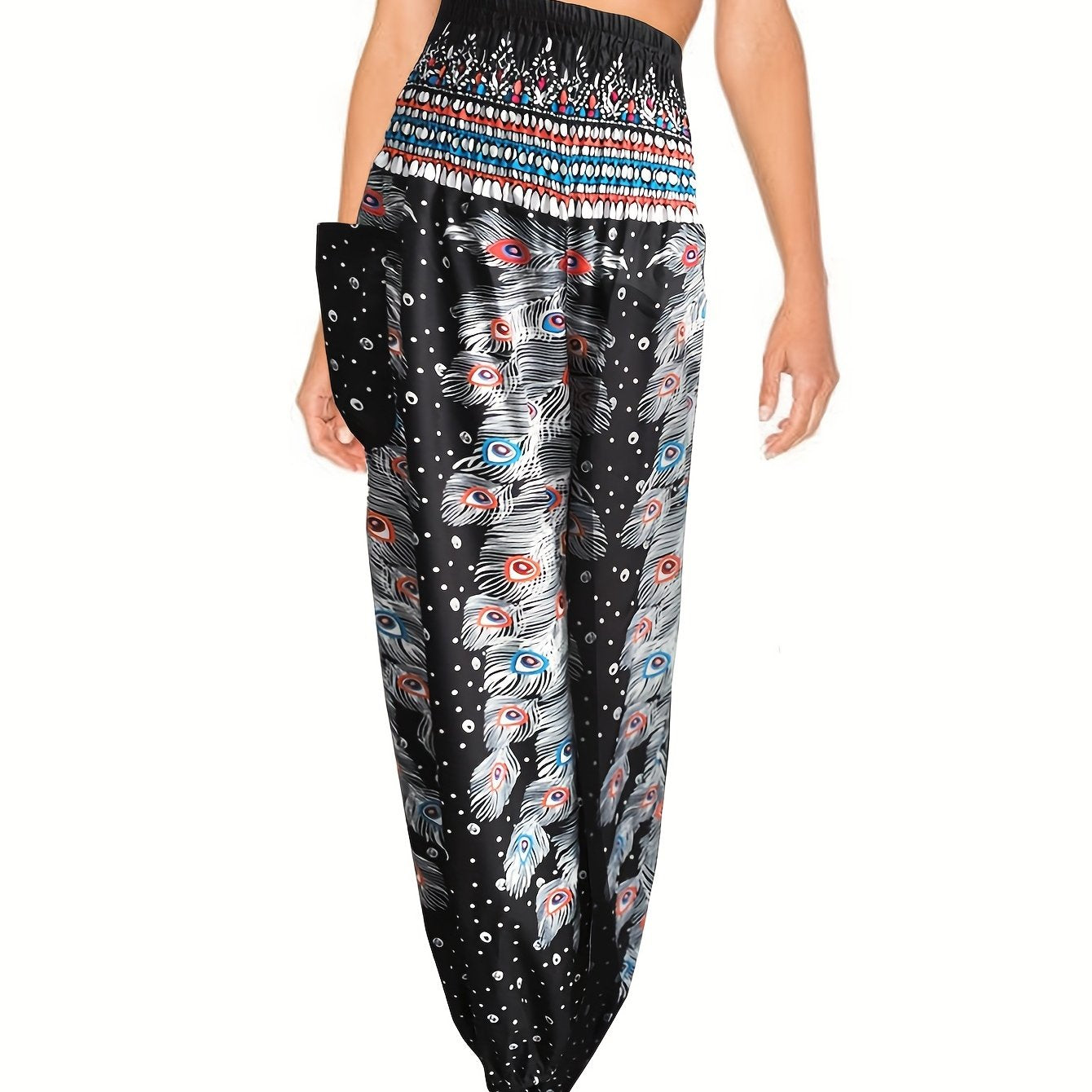 Feather Print High Rise Carrot Pants With Pockets