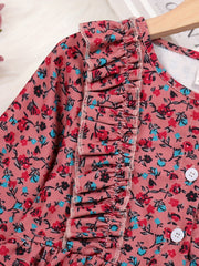 Girls' Corduroy Long Sleeve Floral Round Neck Dress