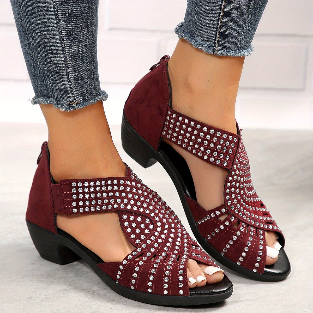 Rhinestone Cross Strap Sandals with Block Heel for Outdoor Activities