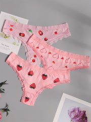 3 Pack Plus Size Thongs Set Women's Plus Fruit & Heart Print Lace Thongs