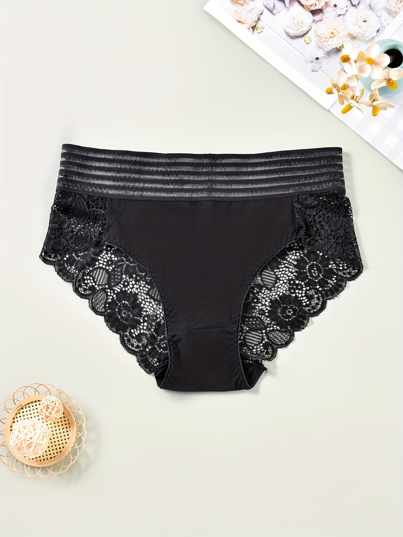 3 Pack Plus Size Lace Striped High Waist Briefs Set