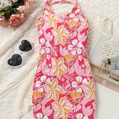 Girls Floral Print Halter Dress For Party Holiday Outfit