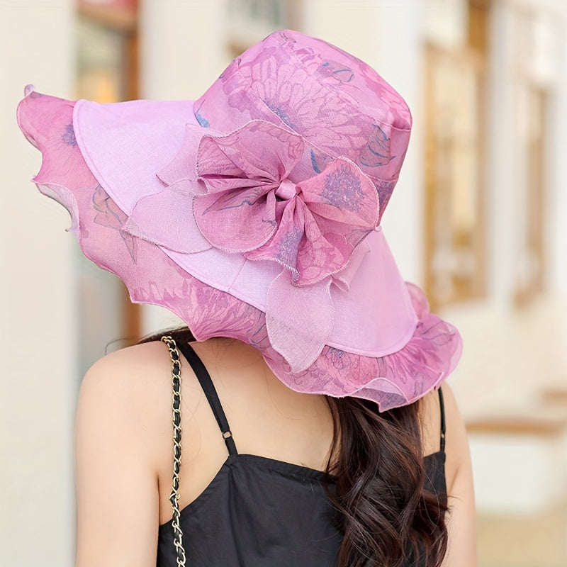 Flower Print Sun Hat UV Protection Bucket Hats Mesh Breathable Travel Beach